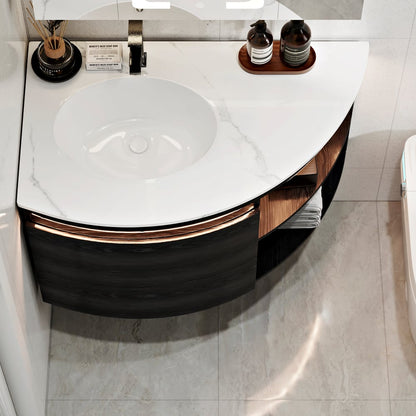 Modern 36" Corner Floating Single Bathroom Vanity with Sink, LED Light, Storage