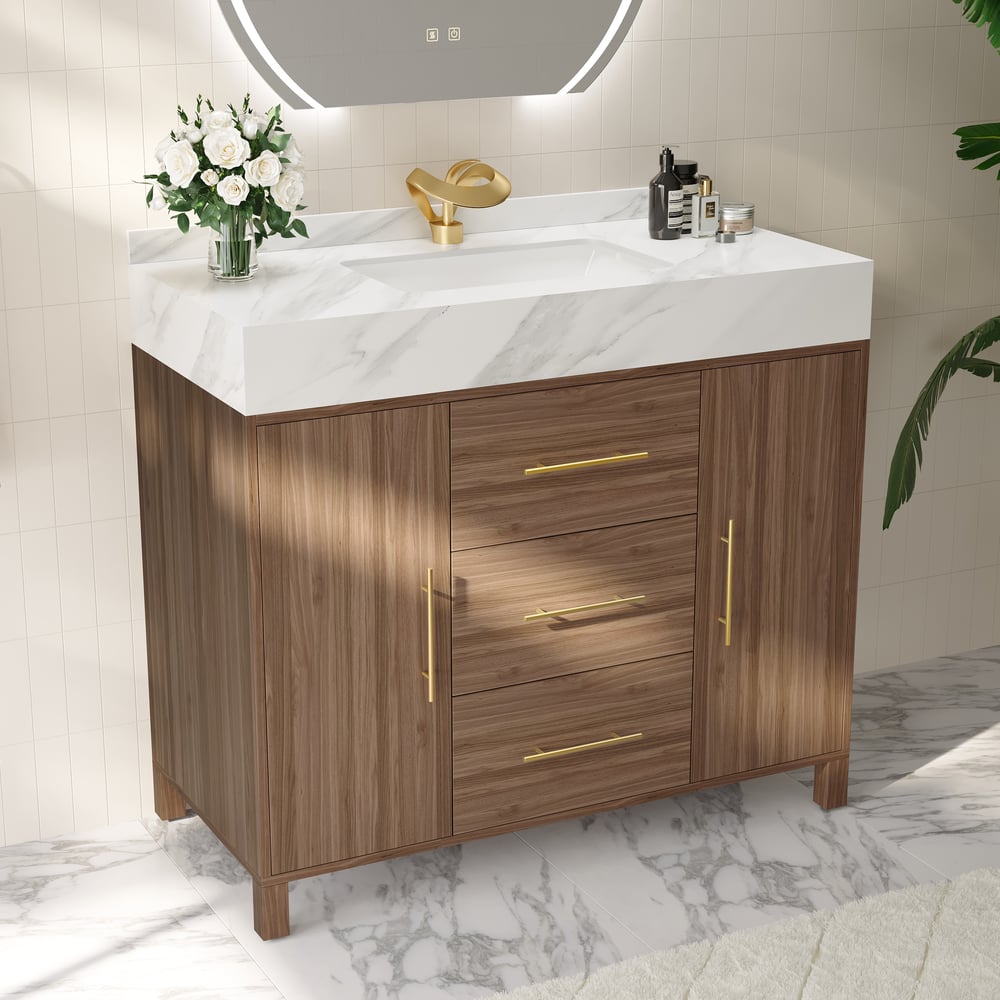 Modern 39" Walnut Sintered Stone Top Bathroom Vanity Set