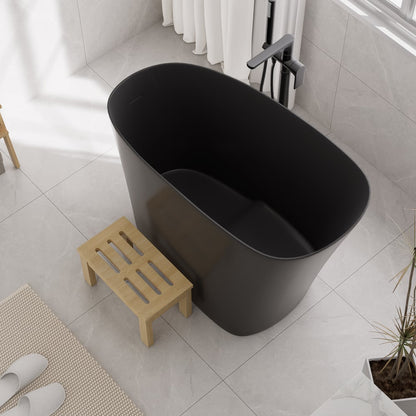 47" Japanese Modern Irregular Freestanding Stone Resin Soaking Bathtub Black
