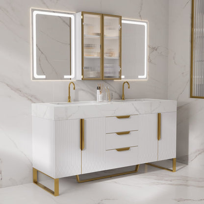 59" Double Sink Freestanding Vanity Set with LED Medicine Cabinet with Storage