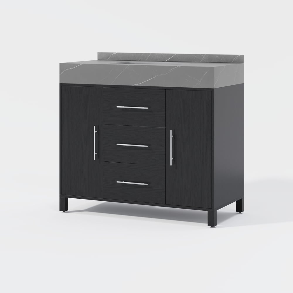 39.4" Freestanding Black Bathroom Vanity, Sintered Stone Countertop & Silver Handles