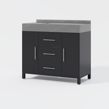 39.4" Freestanding Black Bathroom Vanity, Sintered Stone Countertop & Silver Handles