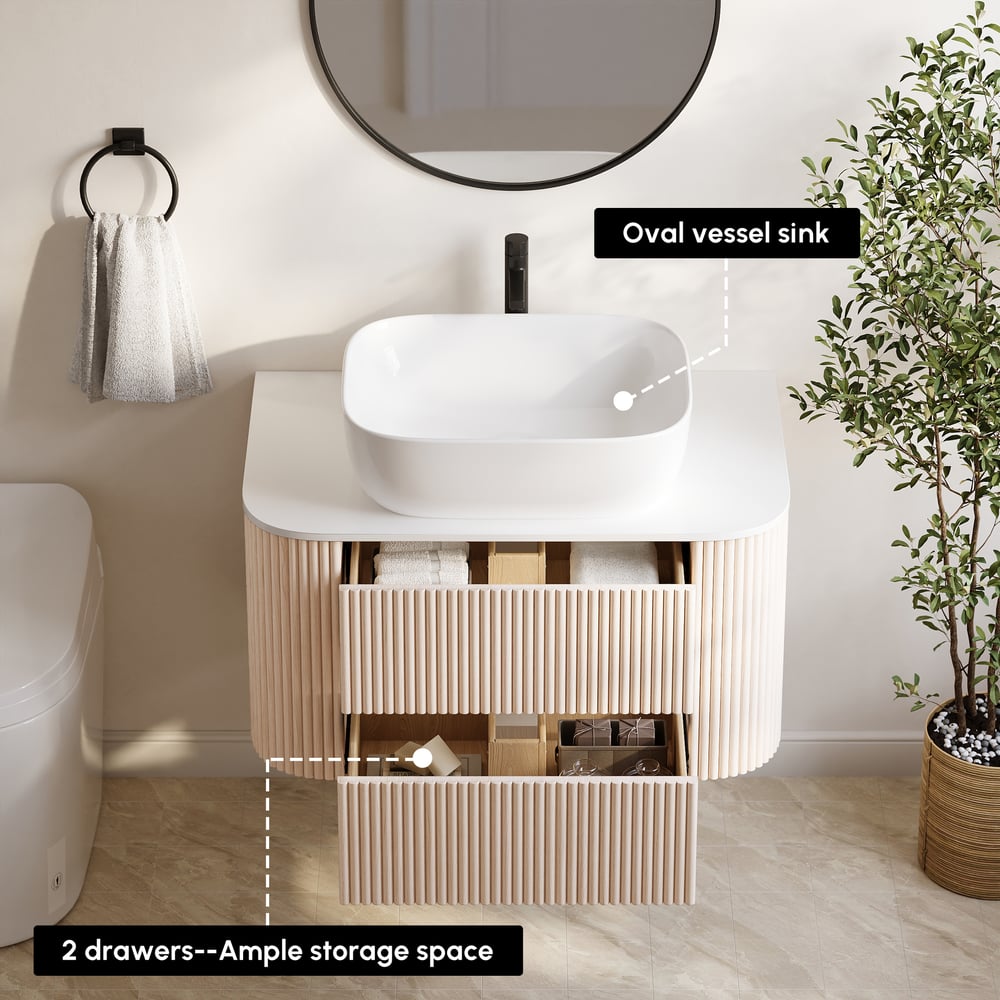 31.5" Whitewash Fluted Bathroom Vanity with Vessel Sink – Wall-Mounted Floating Design