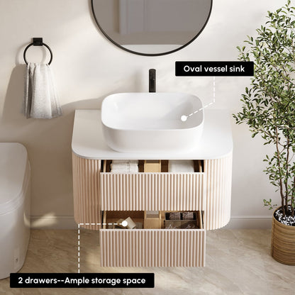 31.5" Whitewash Fluted Bathroom Vanity with Vessel Sink – Wall-Mounted Floating Design