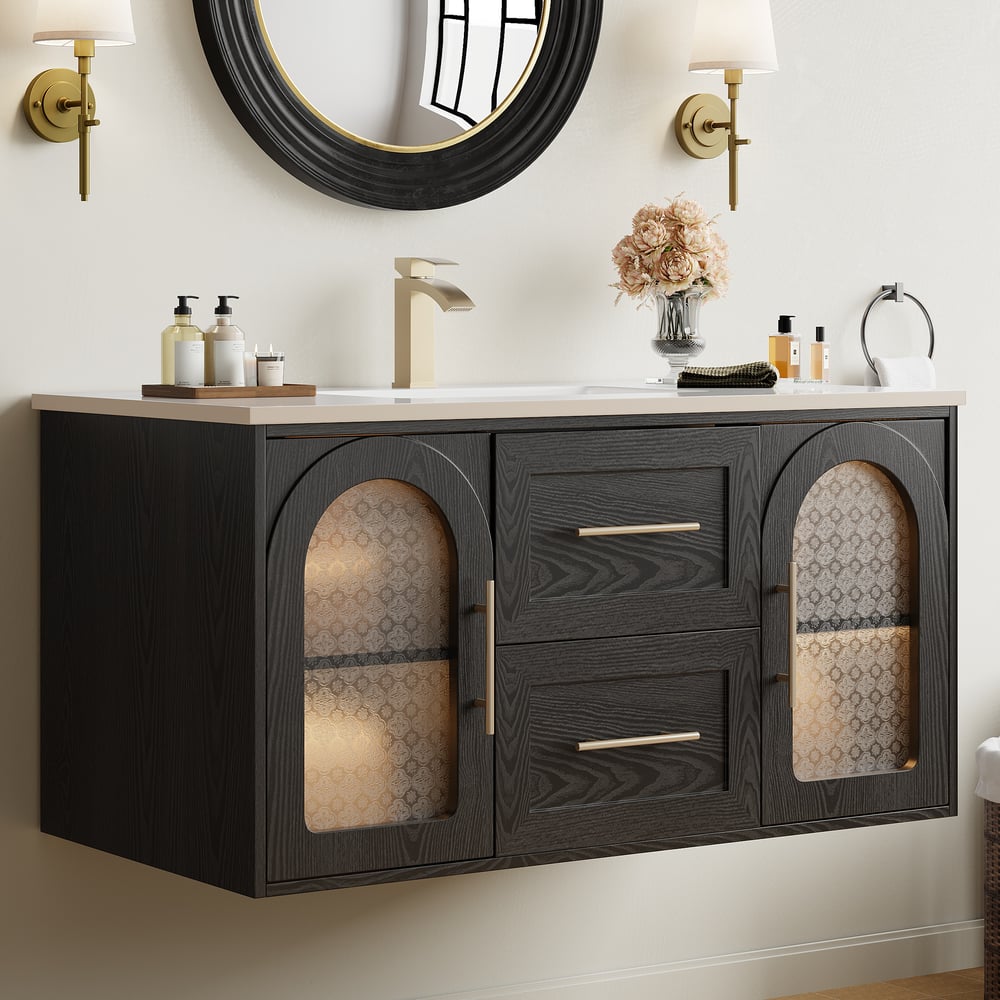 42" Arune Black Bathroom Vanity with Arched Glass Doors, Drawers and Light