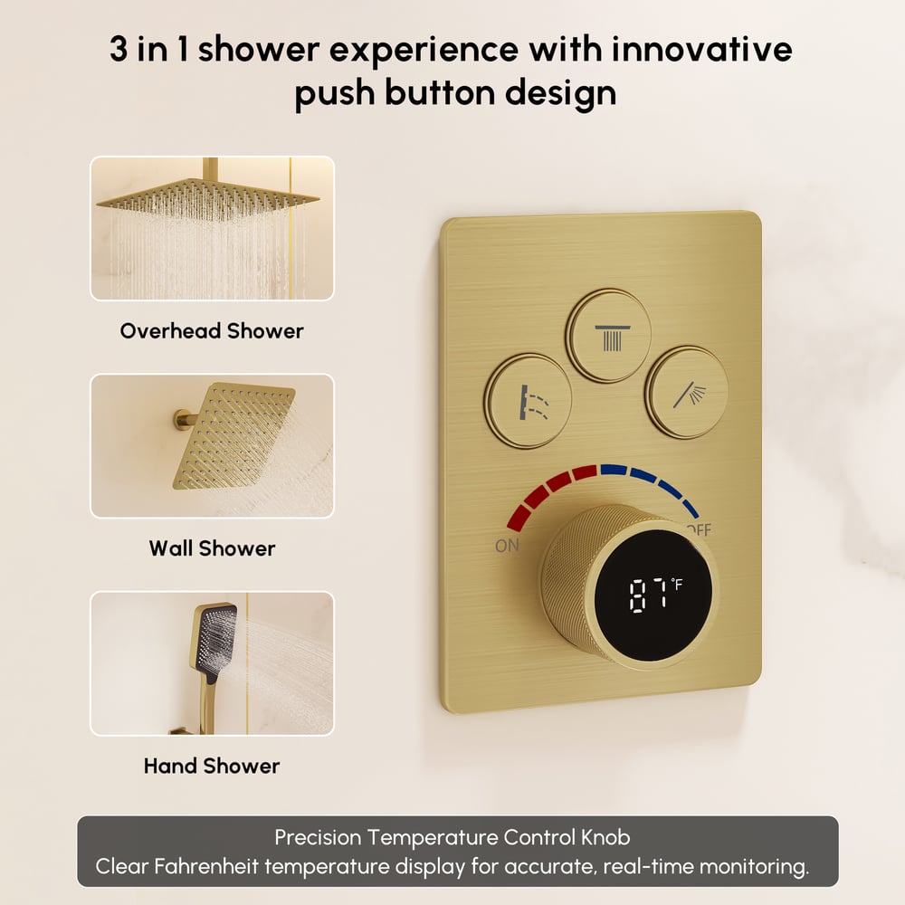 Dual Head Shower System – 12" Ceiling & 8" Wall Shower with Handheld, Solid Brass