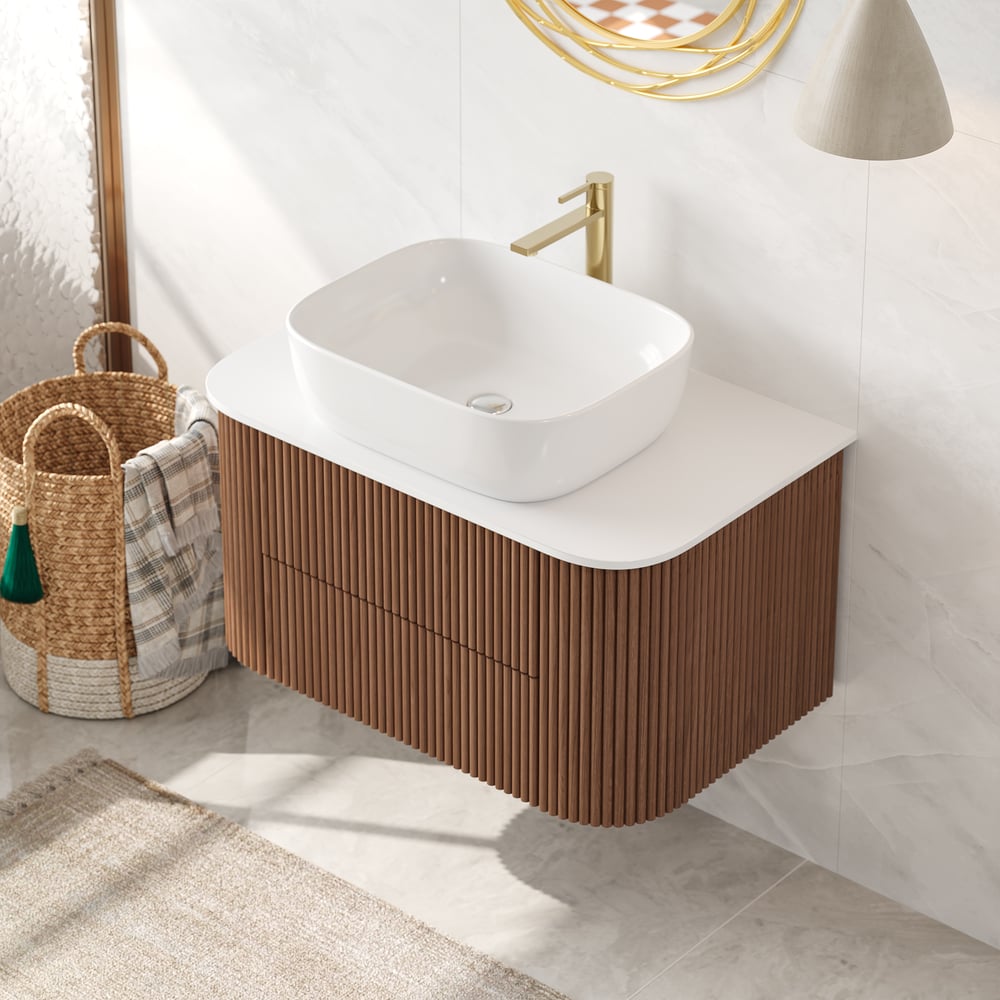 31.5" Fluted Bathroom Vanity Set Walnut Floating Bathroom Vanity with Vessel Sink