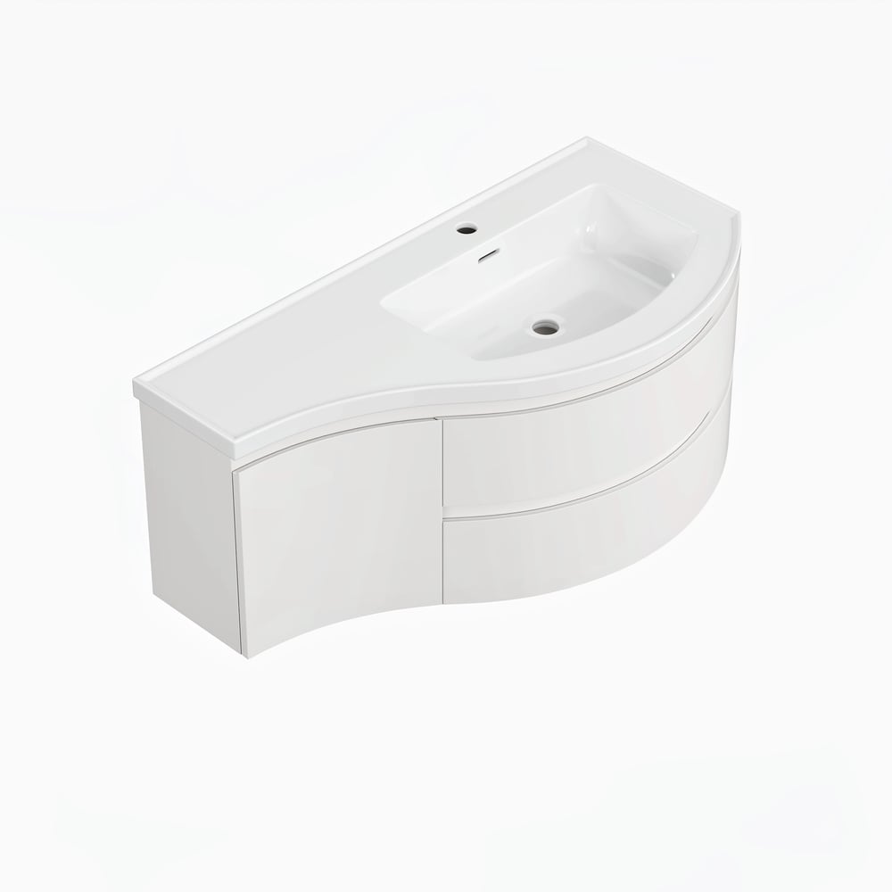 Floating Curved Bathroom Vanity in White & Round LED Medicine Cabinet Set Right Offset