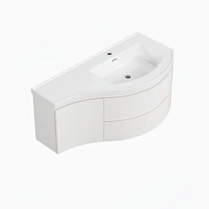 Floating Curved Bathroom Vanity in White & Round LED Medicine Cabinet Set Right Offset