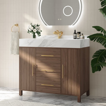 Modern 39" Walnut Sintered Stone Top Bathroom Vanity Set