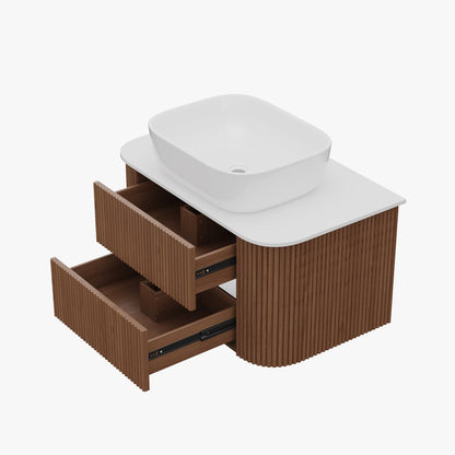 31.5" Fluted Bathroom Vanity Set Walnut Floating Bathroom Vanity with Vessel Sink