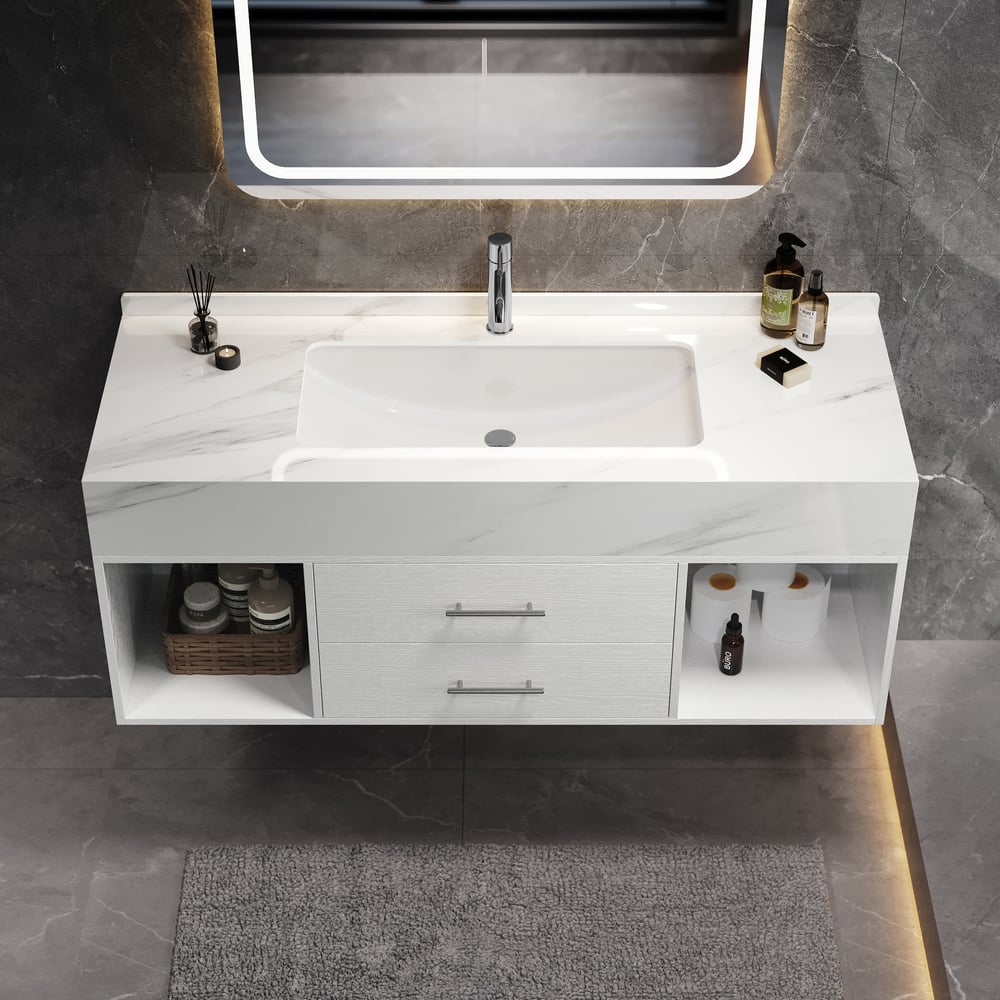 Modern 35.4" Floating Single Bathroom Vanity with Sink, Sintered Stone Top
