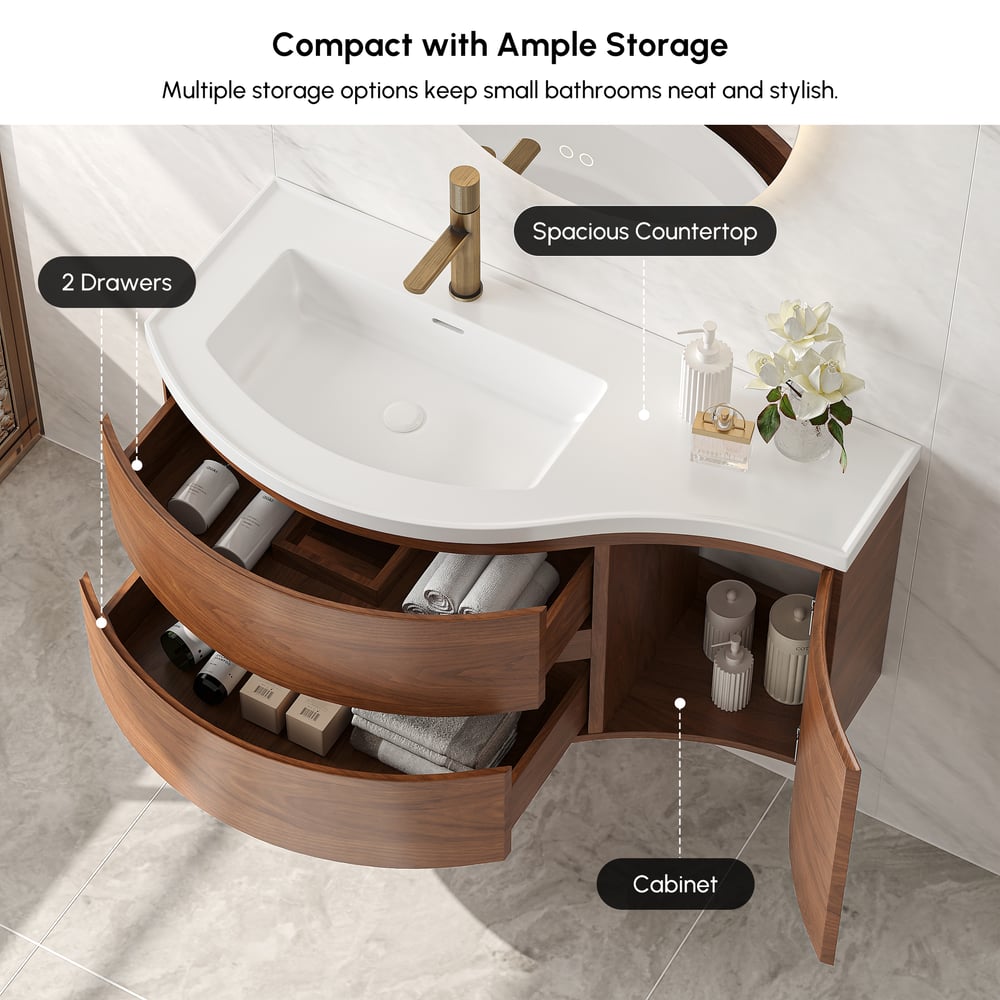 35" Floating Single Curved Bathroom Vanity with Sink & Storage
