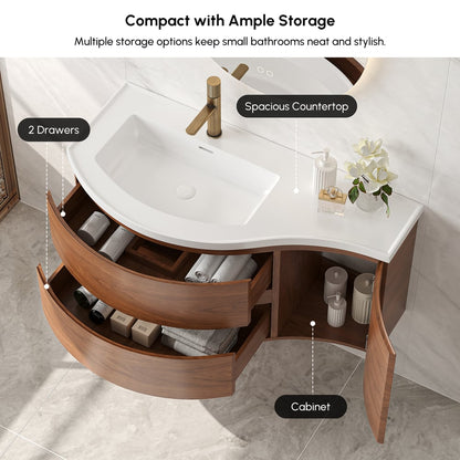35" Floating Single Curved Bathroom Vanity with Sink & Storage