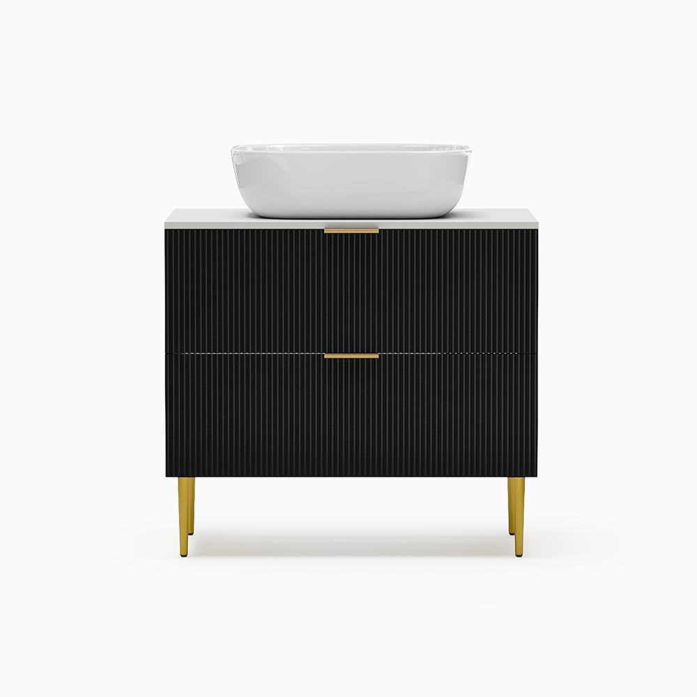 31.5'' Black Single Fluted Bathroom Vanity with Vessel Sink and 2 Drawers