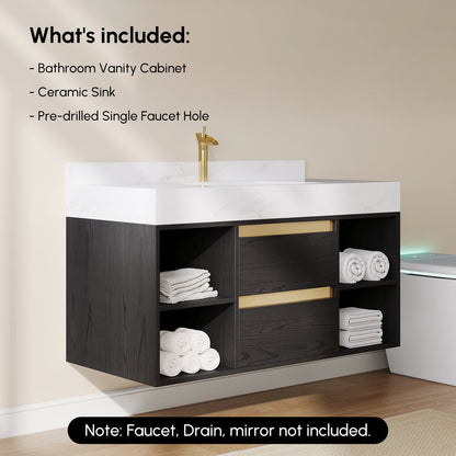 Modern 39.4" Floating Single Bathroom Vanity with Sink in Black, Sintered Stone Top