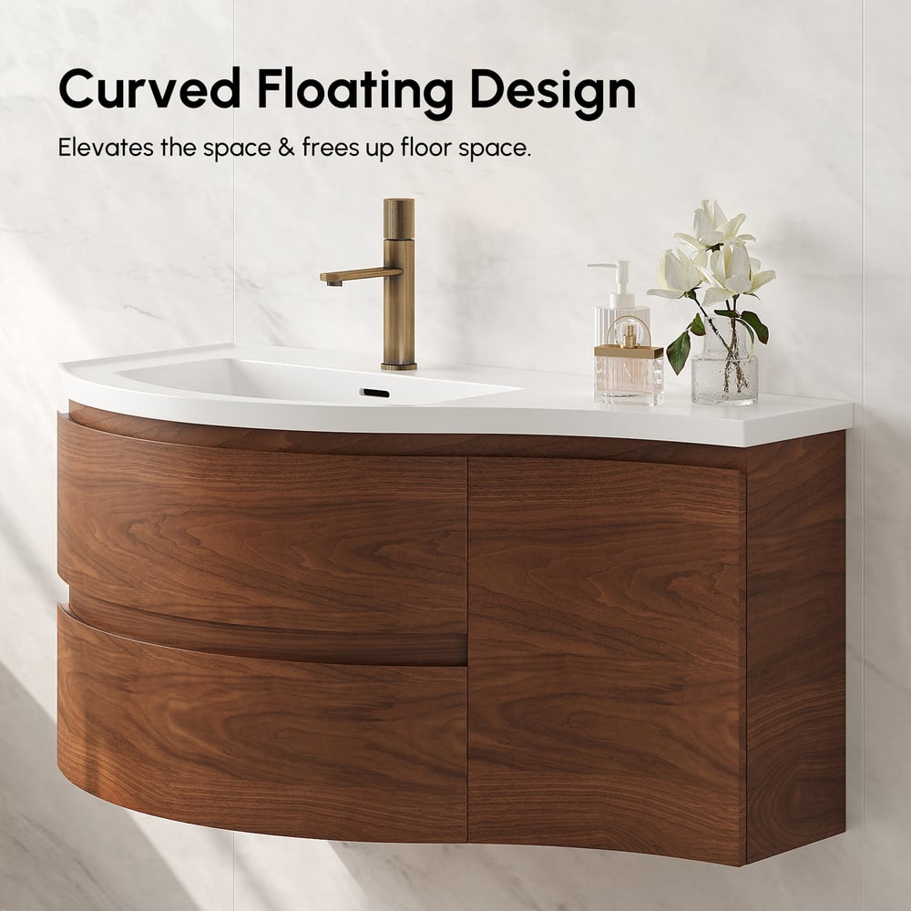 35" Floating Single Curved Bathroom Vanity with Sink & Storage