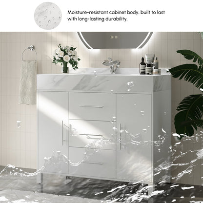 39.4" Freestanding White Bathroom Vanity, Sintered Stone Countertop & Silver Handles