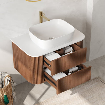31.5" Fluted Bathroom Vanity Set Walnut Floating Bathroom Vanity with Vessel Sink