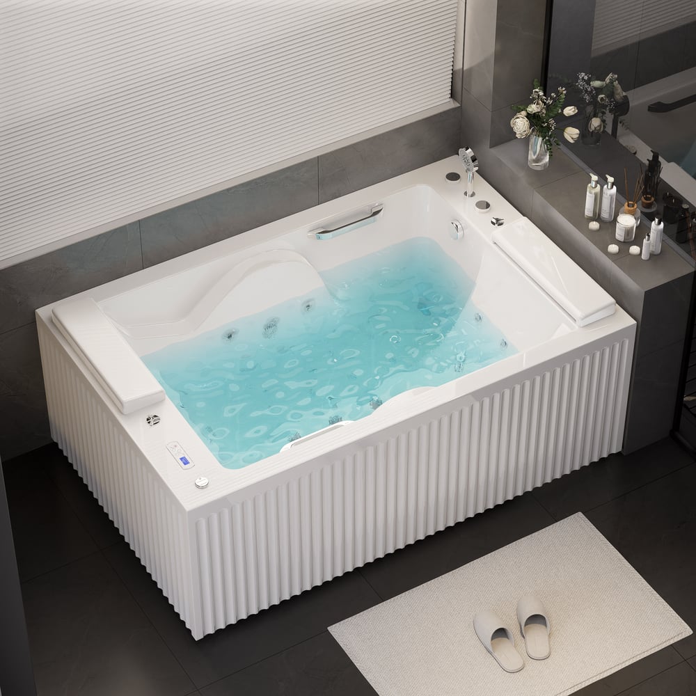 67" 2-Person Whirlpool Bathtub with  33 Massage Jets & 2 LED Waterfall Pillow & Thermostatic Control