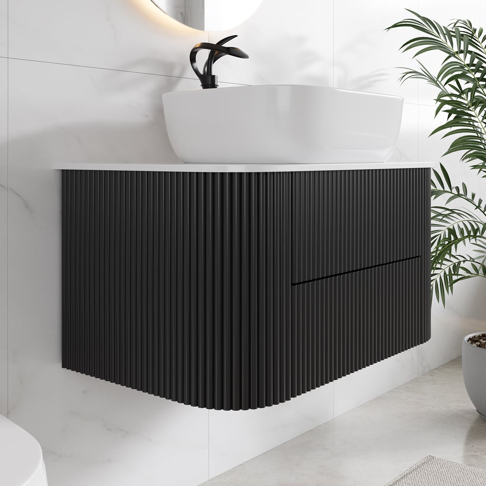 Black Fluted Bathroom Vanity Set 31.5" Floating Bathroom Vanity with Vessel Sink