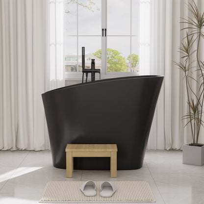 47" Japanese Modern Irregular Freestanding Stone Resin Soaking Bathtub Black