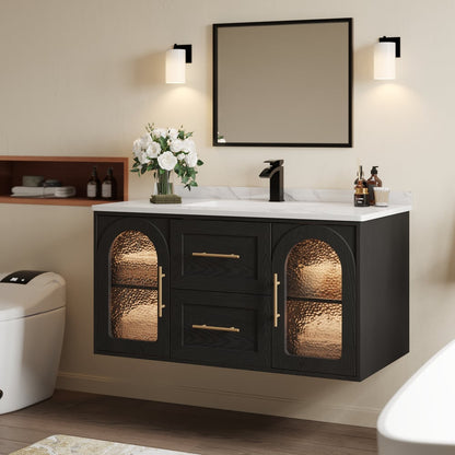 42" Arune Black Bathroom Vanity with Arched Glass Doors, Drawers and Light