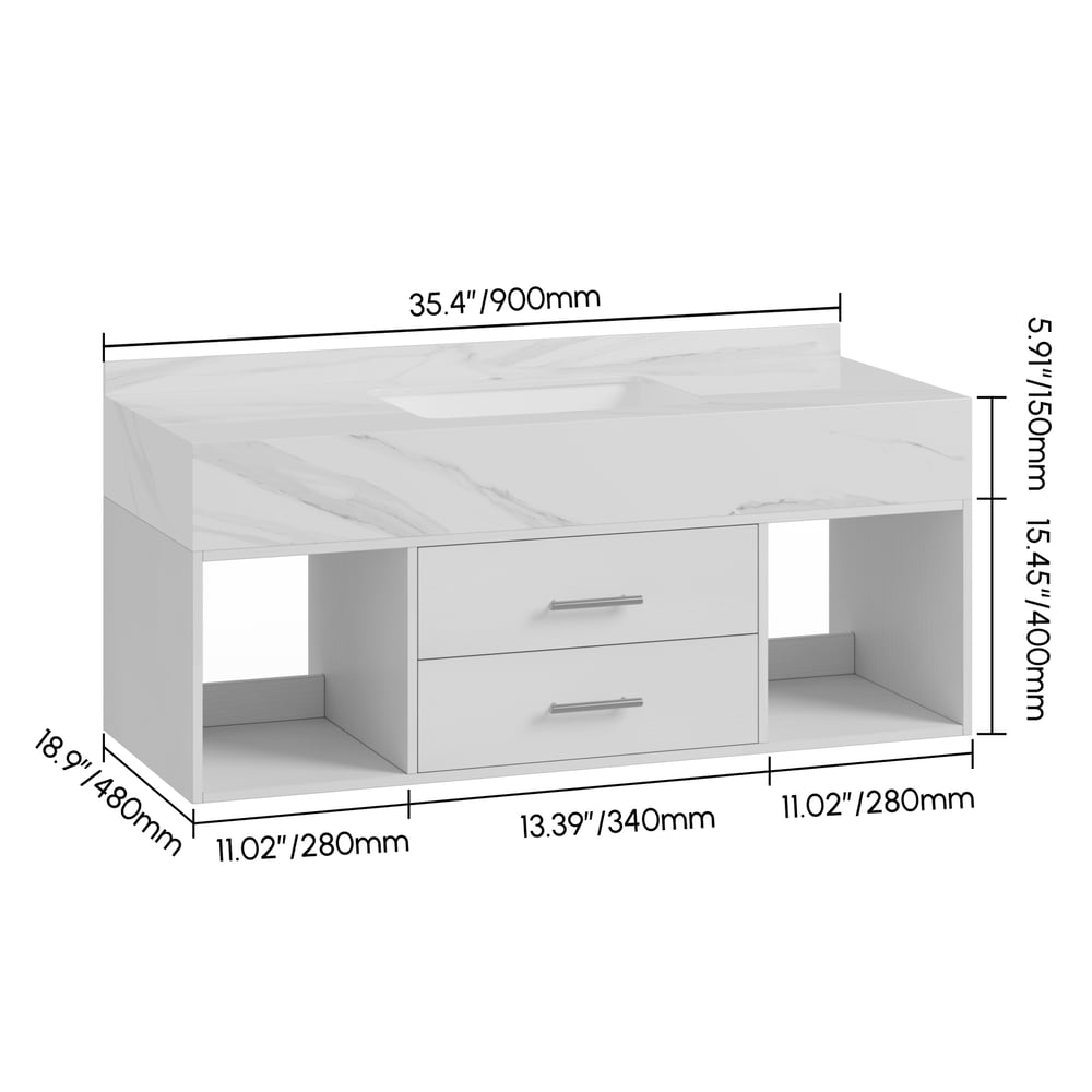 Modern 35.4" Floating Single Bathroom Vanity with Sink, Sintered Stone Top