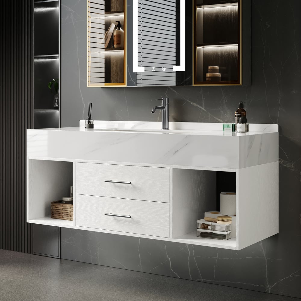 Modern 35.4" Floating Single Bathroom Vanity with Sink, Sintered Stone Top