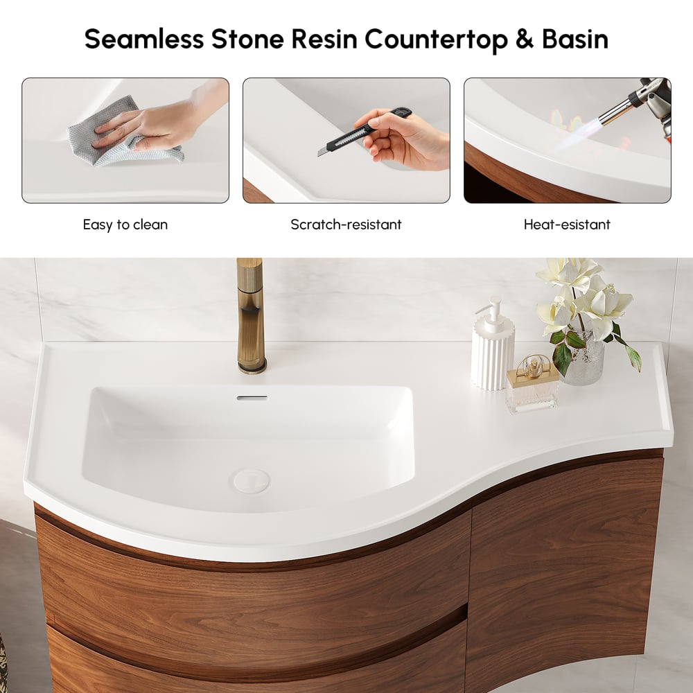 35" Floating Single Curved Bathroom Vanity with Sink & Storage