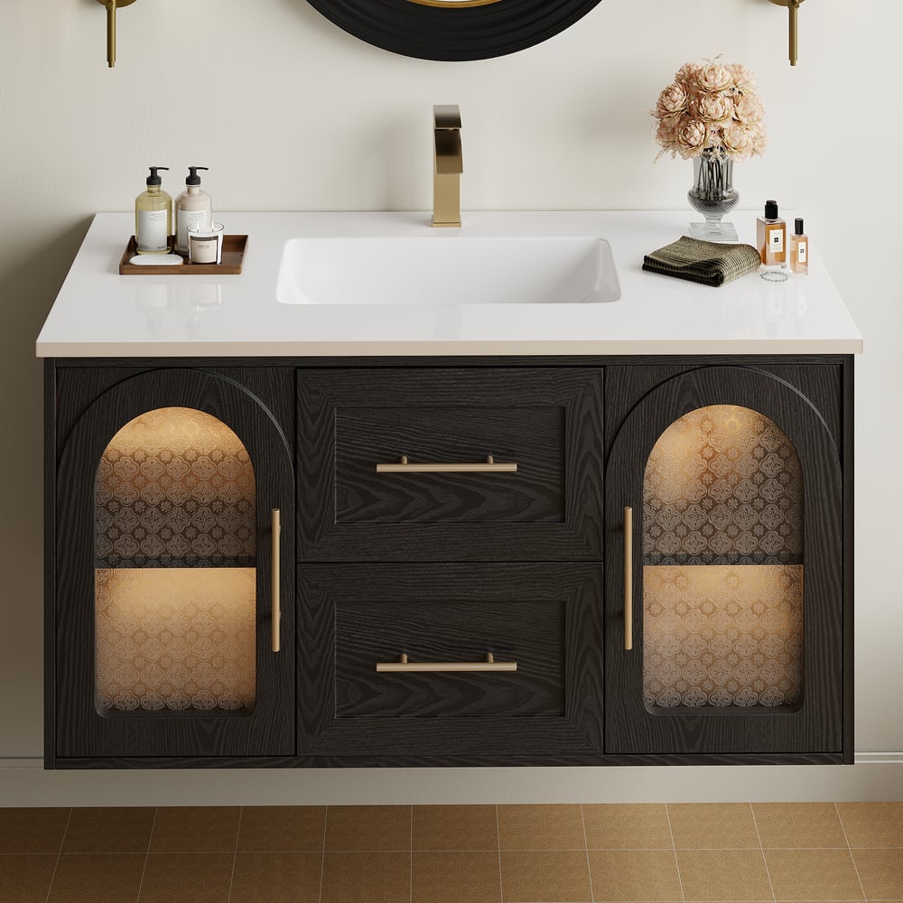 42" Arune Black Bathroom Vanity with Arched Glass Doors, Drawers and Light