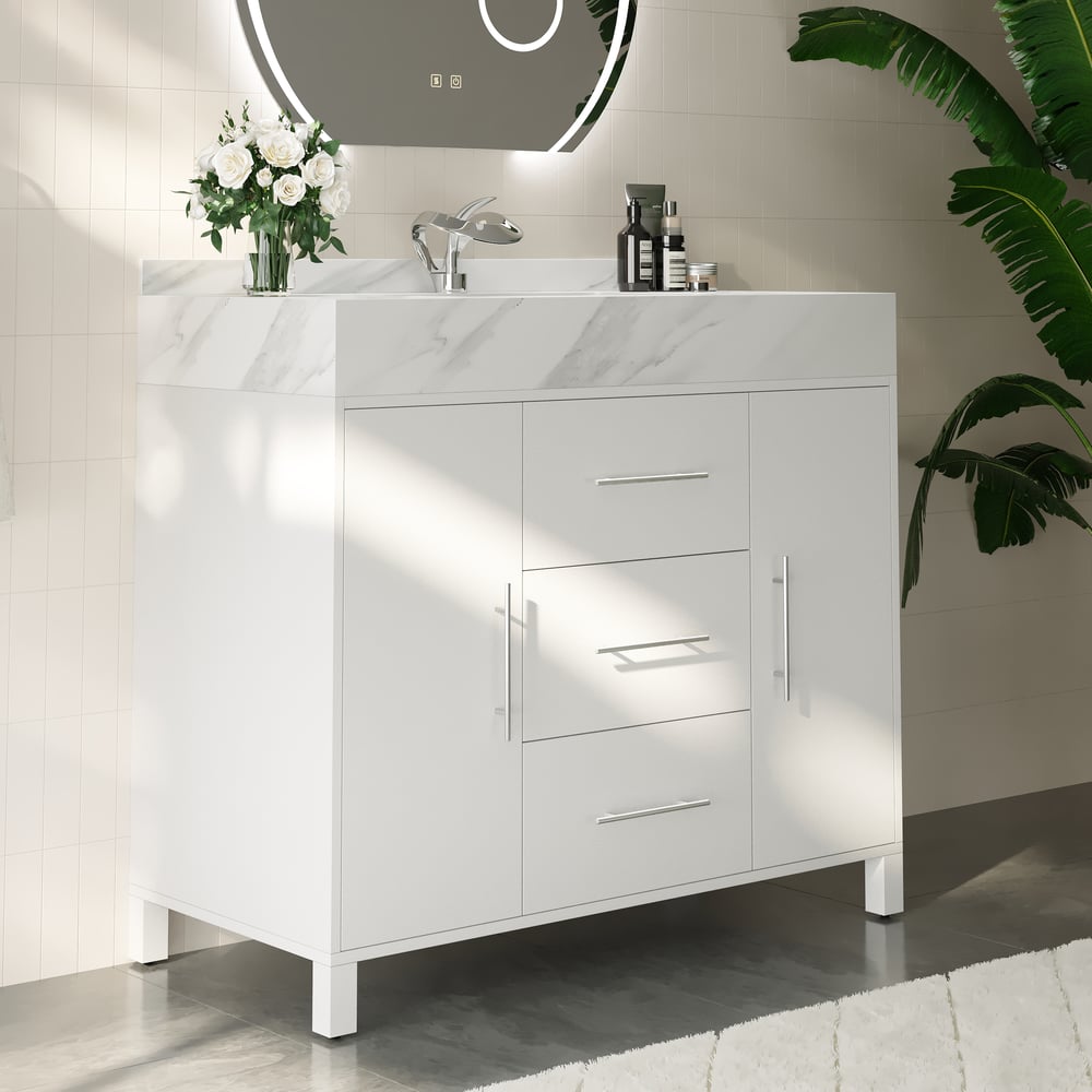 39.4" Freestanding White Bathroom Vanity, Sintered Stone Countertop & Silver Handles