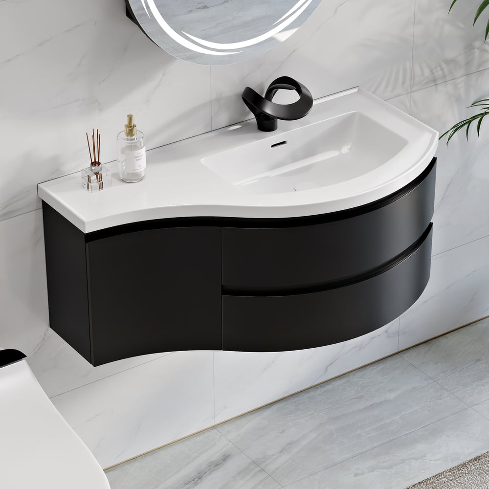35" Floating Single Curved Bathroom Vanity with Sink & Storage