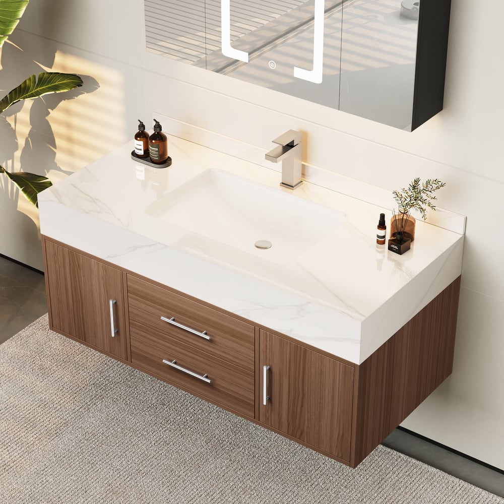 Modern 39" Walnut Floating Single Bathroom Vanity with Sintered Stone Top and Sink