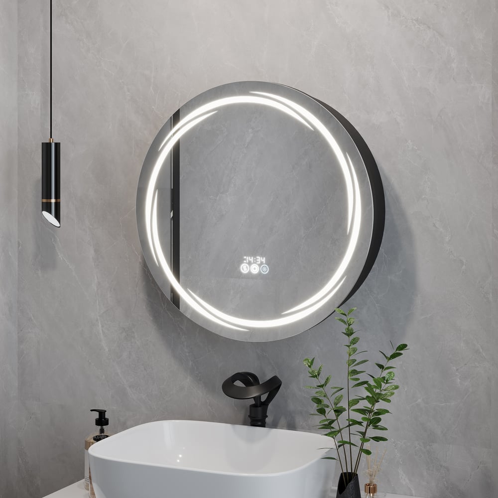 Floating Curved Bathroom Vanity in Black & Round LED Medicine Cabinet Set Right Offset
