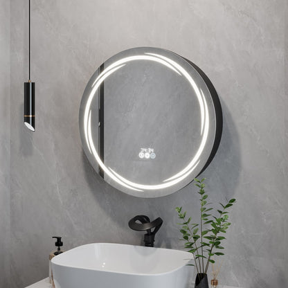 Floating Curved Bathroom Vanity in Black & Round LED Medicine Cabinet Set Right Offset