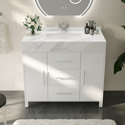 39.4" Freestanding White Bathroom Vanity, Sintered Stone Countertop & Silver Handles