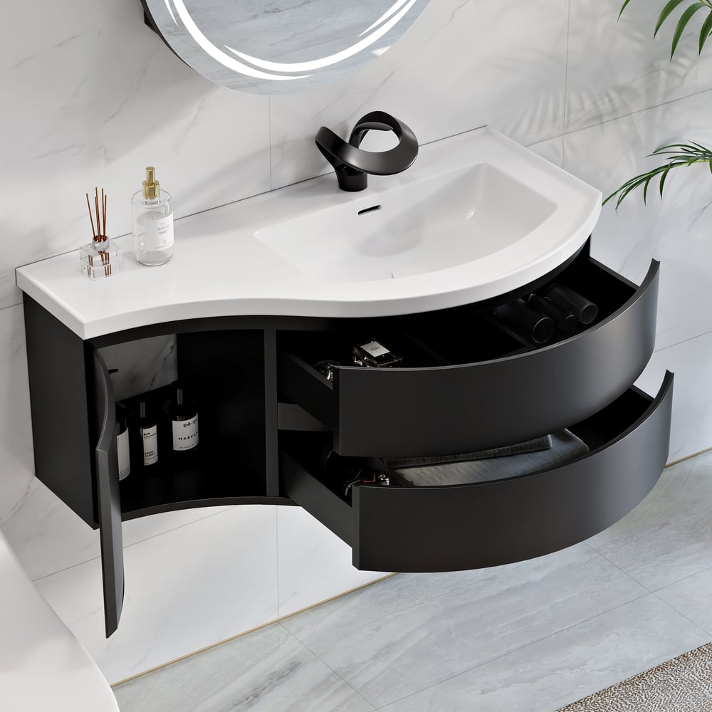35" Floating Single Curved Bathroom Vanity with Sink & Storage