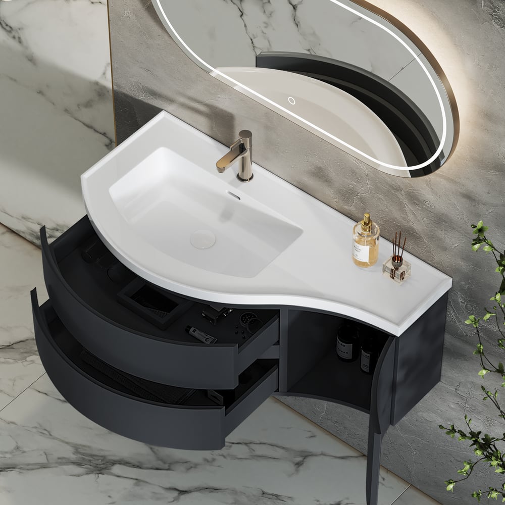 35" Floating Single Curved Bathroom Vanity with Sink & Storage