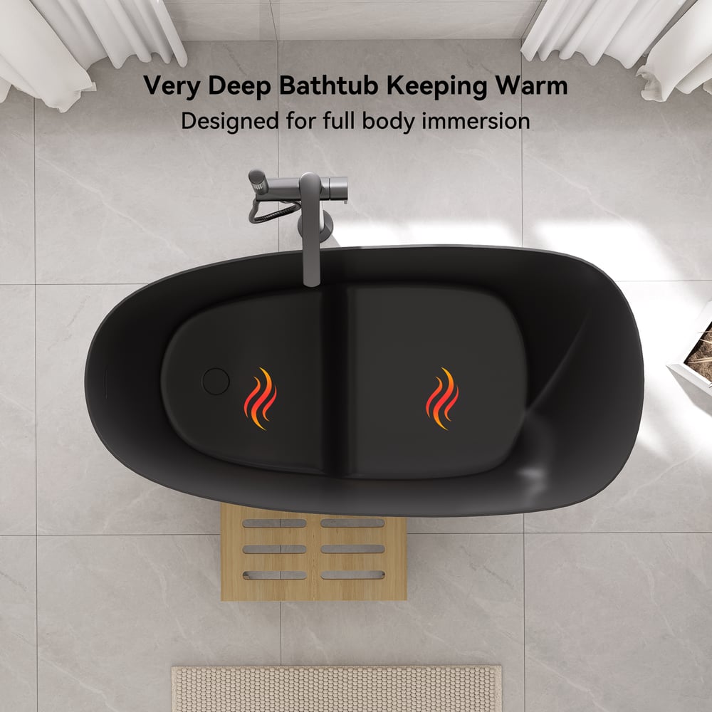 47" Japanese Modern Irregular Freestanding Stone Resin Soaking Bathtub Black