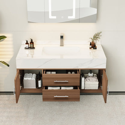 Modern 39" Walnut Floating Single Bathroom Vanity with Sintered Stone Top and Sink