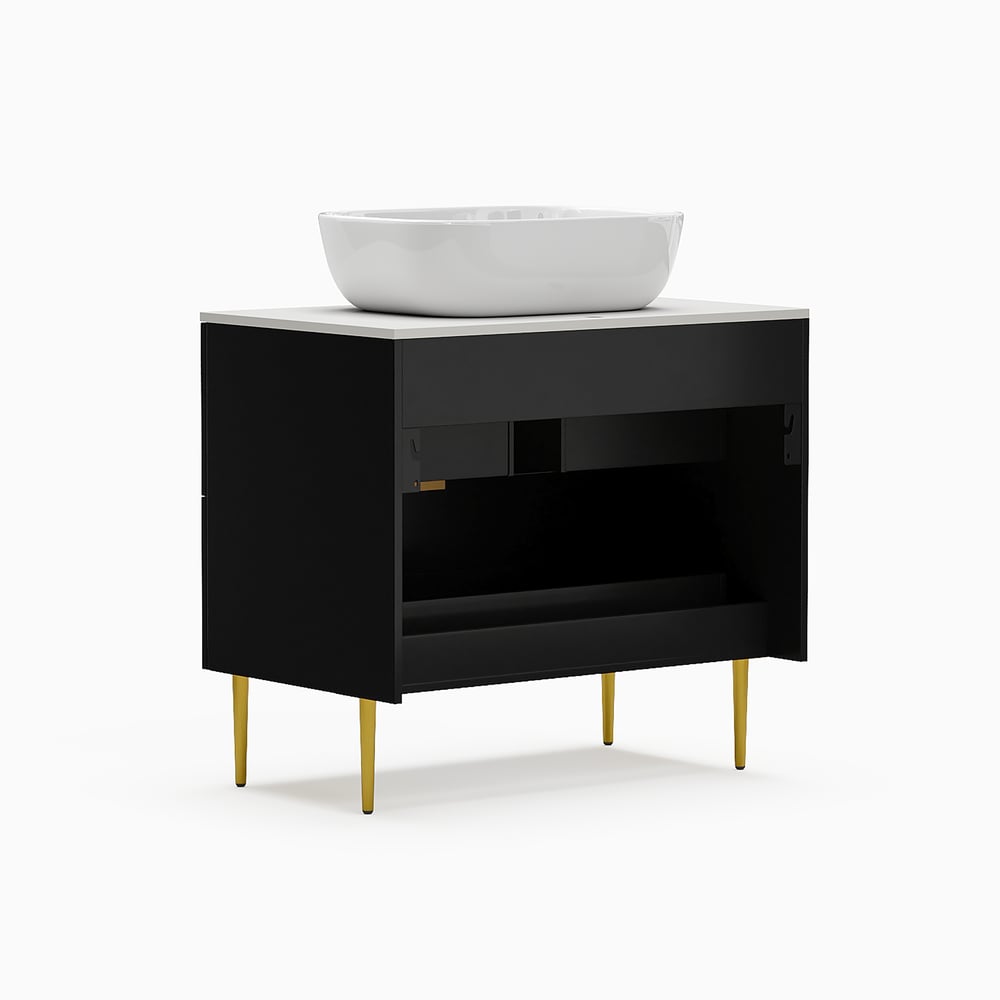 31.5'' Black Single Fluted Bathroom Vanity with Vessel Sink and 2 Drawers