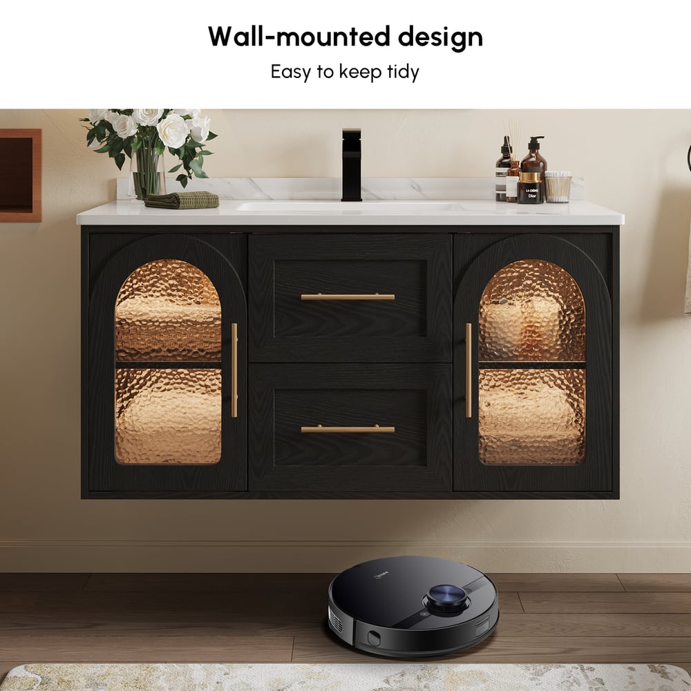 42" Arune Black Bathroom Vanity with Arched Glass Doors, Drawers and Light