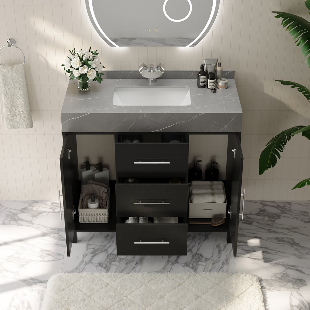 39.4" Freestanding Black Bathroom Vanity, Sintered Stone Countertop & Silver Handles