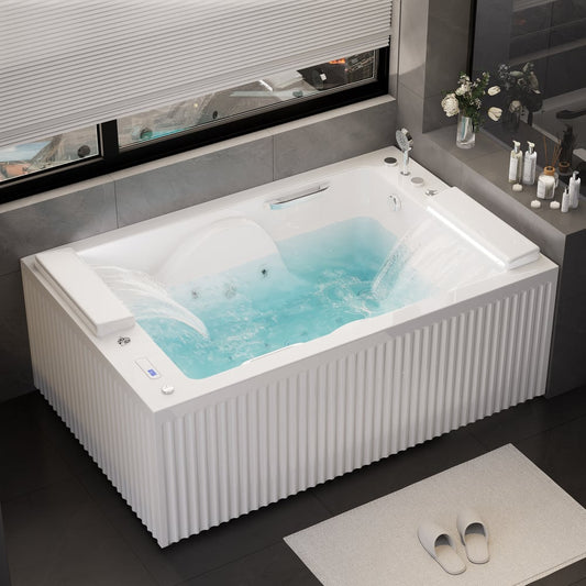 67" 2-Person Whirlpool Bathtub with  33 Massage Jets & 2 LED Waterfall Pillow & Thermostatic Control