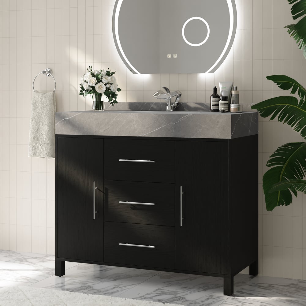 39.4" Freestanding Black Bathroom Vanity, Sintered Stone Countertop & Silver Handles