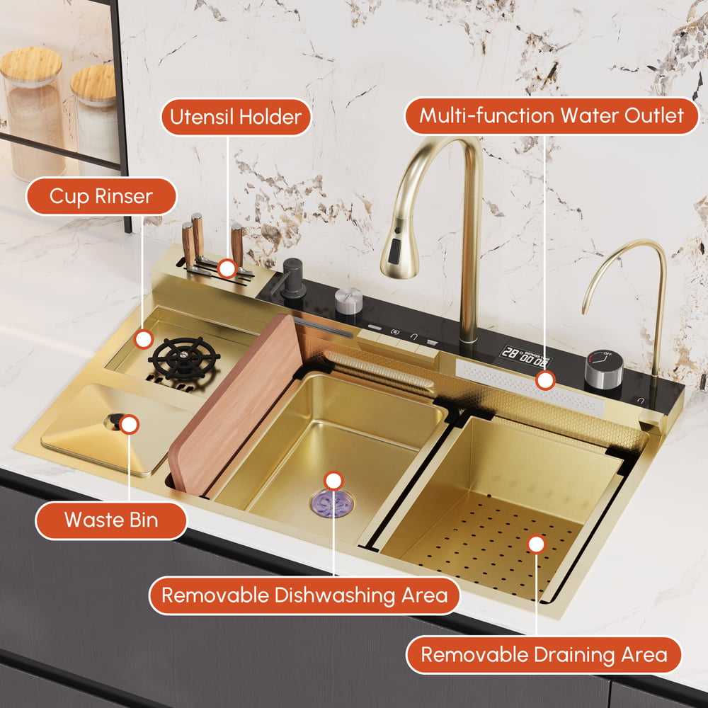 Multi-Function Stainless Steel Kitchen Sink 32.3" × 18.9" with Pull-Out Faucet
