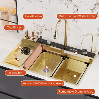 Multi-Function Stainless Steel Kitchen Sink 32.3" × 18.9" with Pull-Out Faucet