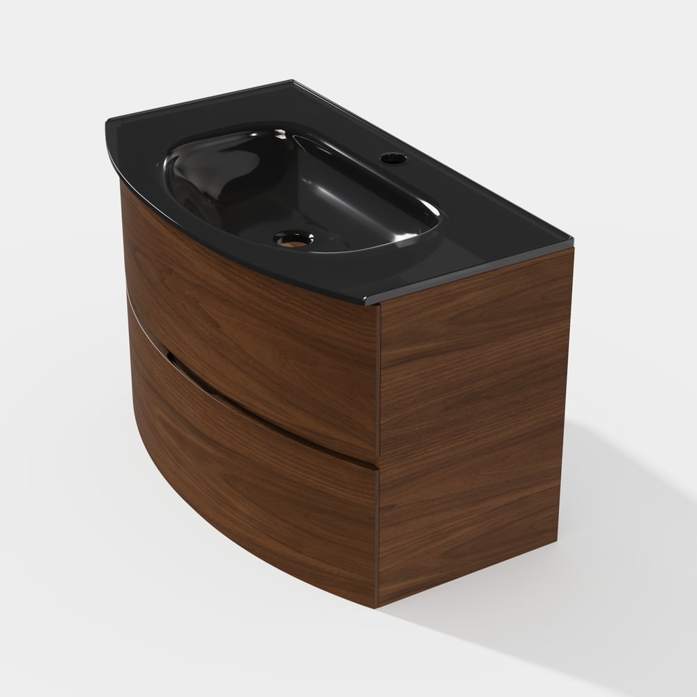 Modern 31.5" Floating Bathroom Vanity with One-piece Glass Basin 2 Drawers in Walnut