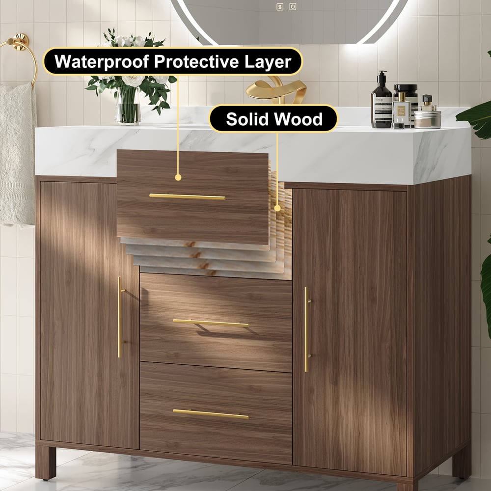 Modern 39" Walnut Sintered Stone Top Bathroom Vanity Set
